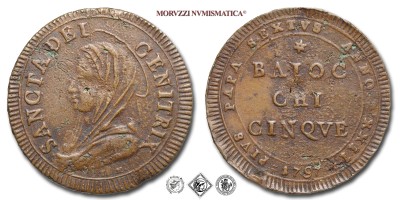 Stato Pontificio, PIO VI, Braschi, BAIOCCHI 5, 1797 ANNO XXIII, Zecca di Roma, RAME, mBB, (Muntoni 94) / monete papali pontificie (moneta papale pontificia da collezione) | Moruzzi Numismatica
