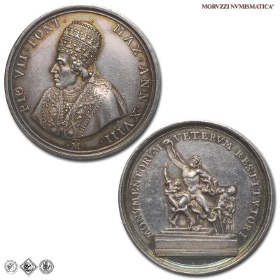 Stato Pontificio, PIO VII, Chiaramonti, MEDAGLIA ANNUALE IN ARGENTO, 1817 ANN XVIII, Restituzione opere d'arte dalla Francia (Laocoonte), Opus Tommaso Mercandetti, SPL, (Bartolotti E817) / medaglie papali pontificie annuali d'argento | Moruzzi Numismatica