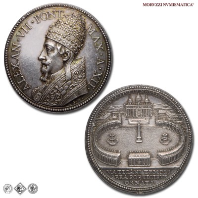 Stato Pontificio, ALESSANDRO VII, Chigi, MEDAGLIA STRAORDINARIA IN ARGENTO, Completamento del colonnato di Piazza San Pietro, A XII (1666), Opus Gaspare Morone, qFDC, (RR), (Miselli 636 var.) / medaglie papali pontificie rare d'argento | Moruzzi Numismatica