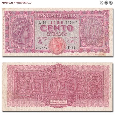 Italia, Luogotenenza, BANCA D'ITALIA, LIRE 100, Italia turrita, 10.12.1944, Firme: Introna, Urbini, qBB, (Crapanzano 260A) / banconote italiane (cartamoneta italiana da collezione - banconota da cento lire) | Moruzzi Numismatica