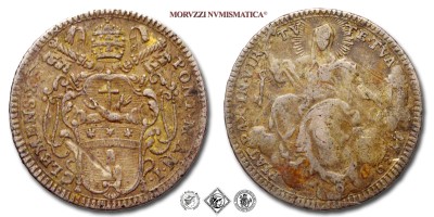 Stato Pontificio, CLEMENTE XIV, Ganganelli, DOPPIO GIULIO, 1769 AN I, FIAT • PAX • IN • VIRTVTE • TVA la Chiesa seduta su nubi, Zecca di Roma, ARGENTO, BB, (Muntoni 7) / monete papali pontificie d'argento (moneta papale pontificia da collezione) | Moruzzi Numismatica