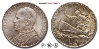 Città del Vaticano, PIO XII, Pacelli, LIRE 5, 1939 ANNO I, Zecca di Roma, ARGENTO, ​​​​​​​FDC, (Pagani 754) / monete papali vaticane d'argento (moneta papale vaticana da collezione) | Moruzzi Numismatica