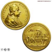 Stato Pontificio, BENEDETTO XIV, Lambertini, MEDAGLIA ANNUALE IN BRONZO DORATO, Visita a Civitavecchia, 1740 A. VII, Opus Ottone Hamerani, mSPL, (RR), (Bartolotti E747) / medaglie papali pontificie annuali rare | Moruzzi Numismatica