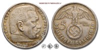 Germania, TERZO REICH, MARCHI 5, Paul von Hindenburg, 1936 G, Zecca di Karlsruhe, ARGENTO, BB, (Jaeger 367) / Silbermünzen aus dem Deutsches Reich REICHSMARK 5 (monete mondiali europee tedesche moderne d'argento - moneta mondiale europea tedesca moderna da collezione) | Moruzzi Numismatica