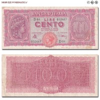 Italia, Luogotenenza, BANCA D'ITALIA, LIRE 100, Italia turrita, 10.12.1944, Firme: Introna, Urbini, qBB, (Crapanzano 260A) / banconote italiane (cartamoneta italiana da collezione - banconota da cento lire) | Moruzzi Numismatica