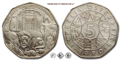 Austria, REPUBBLICA, EURO 5, 250° anniversario dello zoo di Schönbrunn, 2002, Zecca di Vienna, ARGENTO, FDC, (KM 3091) / 5 EUROS BU (5€ commemorative SILVER coins - monete da 