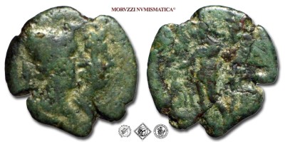 Bruttium, RHEGIUM, TRIAS, 203-89 a.C., Busti accollati dei Dioscuri / ΡHΓINΩN Esculapio stante con un ramoscello, un uccello e lungo scettro, Zecca di Rhegion, BRONZO, MB, (HN Italy 2559) / monete greche antiche da collezione (moneta greca antica della Magna Grecia) | Moruzzi Numismatica