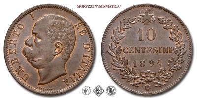 Regno d'Italia, UMBERTO I, CENTESIMI 10, 1894 BI, Zecca di Birmingham, RAME, mSPL, (Pagani 616) / monete italiane moderne (moneta italiana moderna da collezione - Casa Savoia) | Moruzzi Numismatica