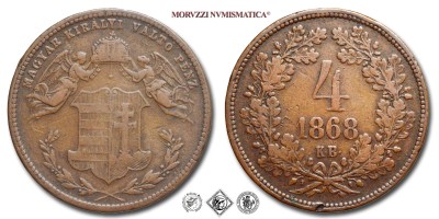 Ungheria, FRANCESCO GIUSEPPE I, KRAJCAR 4, 1868, Zecca di Kremnitz, RAME,  BB, (Huszár 2170) / Münzen von Franz Joseph I. von Österreich-Ungarn 4 Kreuzers Kremnica (World COPPER Coins - monete mondiali europee ungheresi - moneta mondiale europea ungherese da collezione) FERENCZ JÓZSEF I MAGYAR KIRÁLYI VÁLTÓ PÉNZ 4 Krajczár | Moruzzi Numismatica