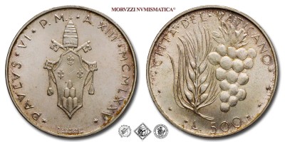 Città del Vaticano, PAOLO VI, Montini, LIRE 500, 1975 A XIII, Zecca di Roma, ARGENTO, FDC, (Pagani 993) / monete papali vaticane d'argento (moneta papale vaticana da collezione) | Moruzzi Numismatica