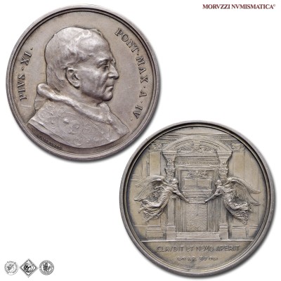 Stato Pontificio, PIO XI, Ratti, MEDAGLIA STRAORDINARIA IN ARGENTO, La Porta Santa e angeli, 1925 A IV, Opus Albino Dal Castagnè, q​​​​​​​FDC, (R), (CM 97) / medaglie papali pontificie straordinarie rare d'argento | Moruzzi Numismatica