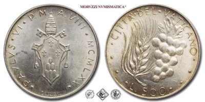 Città del Vaticano, PAOLO VI, Montini, LIRE 500, 1970 A VIII, Zecca di Roma, ARGENTO, FDC, (Pagani 988) / monete papali vaticane d'argento (moneta papale vaticana da collezione) | Moruzzi Numismatica