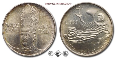 Città del Vaticano, PAOLO VI, Montini, LIRE 500, 1969 A VII, Zecca di Roma, ARGENTO, FDC, (Pagani 987) / monete papali vaticane d'argento (moneta papale vaticana da collezione) | Moruzzi Numismatica