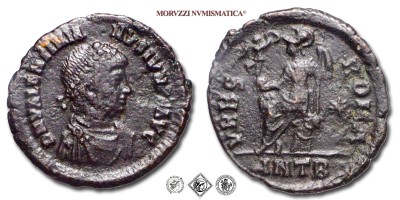 VALENTINIANO II, PICCOLO BRONZO, 378-383 d.C., VRBS ROMA / ANTB / stella a destra / Roma seduta con Vittoria su globo e lancia, Zecca di Antiochia, MB, (RIC 51) / monete romane imperiali antiche (moneta romana imperiale antica - Impero Romano) | Moruzzi Numismatica
