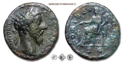 MARCO AURELIO, ASSE, 169-170 d.C., FORT RED COS III / S C la Fortuna seduta con timone e cornucopia, Zecca di Roma, BRONZO, qBB, (RIC 976) / monete romane imperiali antiche (moneta romana imperiale antica della dinastia degli Antonini - Impero Romano) | Moruzzi Numismatica