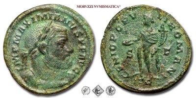 MASSIMIANO ERCULEO, FOLLIS, 303-305 d.C., GENIO POPVLI ROMANI / S F / PTR il Genio stante con patera e cornucopia, Zecca di Treviri, BRONZO, mBB, (RIC 582b) / monete romane imperiali antiche (moneta romana imperiale antica della Tetrarchia - Impero Romano) | Moruzzi Numismatica