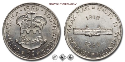 Sudafrica, ELISABETTA II, SCELLINI 5, 50° anniversario dell'unione del Sud Africa, 1960, Zecca di Pretoria, ARGENTO, qFDC, (KM 55) / South Africa Queen Elizabeth II SHILLINGS 5 50 Years of the Union of South Africa the Union Buildings in Pretoria World SILVER coins (monete mondiali sudafricane d'argento - moneta mondiale sudafricana da collezione) EENDRAG MAAK MAG UNITY IS STRENGTH | Moruzzi Numismatica
