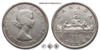 Canada, ELISABETTA II, DOLLARO, Voyageur, 1955, Royal Canadian Mint of Ottawa, ARGENTO, SPL, (KM 54) / Queen Elizabeth II ONE SILVER DOLLAR World coins (monete mondiali moderne d'argento da collezione - dollari canadesi) Dollar canadien | Moruzzi Numismatica