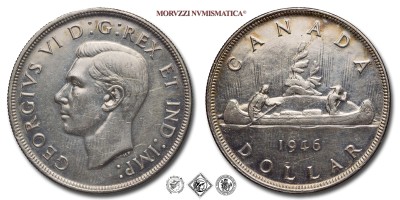Canada, GIORGIO VI, DOLLARO, Voyageur, 1946, Royal Canadian Mint of Ottawa, ARGENTO, FDC, (KM 37) / King George VI ONE SILVER DOLLAR with IND:IMP: (World coins - monete mondiali canadesi moderne commemorative d'argento - moneta mondiale canadese moderna commemorativa da collezione) | Moruzzi Numismatica