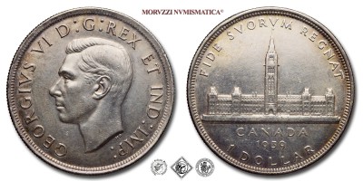 Canada, GIORGIO VI, DOLLARO, Visita Re Giorgio VI a Ottawa, 1939, Royal Canadian Mint of Ottawa, ARGENTO, SPL, (KM 38) / King George VI ONE SILVER DOLLAR Visit of His Majesty King George VI and future Majesty Queen Elizabeth II to Ottawa (World coins - monete mondiali canadesi moderne commemorative d'argento - moneta mondiale canadese moderna commemorativa da collezione) | Moruzzi Numismatica