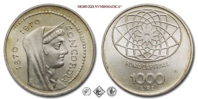 Repubblica Italiana, LIRE 1000, Centenario di Roma Capitale 1870-1970, 1970, Zecca di Roma, ARGENTO, FDC, (Pagani 2051) / monete italiane commemorative d'argento (moneta italiana commemorativa da collezione) | Moruzzi Numismatica