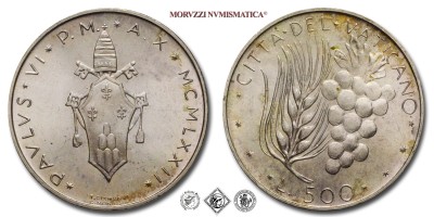 Città del Vaticano, PAOLO VI, Montini, LIRE 500, 1972 A X, Zecca di Roma, ARGENTO, FDC, (Pagani 990) / monete papali vaticane d'argento (moneta papale vaticana da collezione) | Moruzzi Numismatica