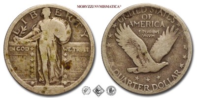 Stati Uniti d'America, DOLLARO 1/4, Standing Liberty, data illeggibile, Zecca di Philadelphia, ARGENTO, MB, (KM 141 o 145) / USA - United States of America ONE SILVER QUARTER DOLLAR World coins (monete mondiali moderne d'argento - moneta mondiale moderna da collezione) | Moruzzi Numismatica
