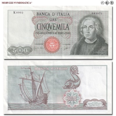 Repubblica Italiana, BANCA D'ITALIA, LIRE 5000, Colombo I tipo, 03.09.1964, Firme: Carli, Ripa, SPL, (Vendemia 530) / banconote italiane (cartamoneta italiana da collezione - banconota da 5.000 lire) | Moruzzi Numismatica