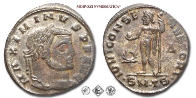 MASSIMINO II DAIA, FOLLIS, 312 d.C., IOVI CONSERVATORI / #D# / SMTS / Giove stante con globo e lungo scettro. A sinistra una corona, a destra #D#, Zecca di Tessalonica, BRONZO, mBB, (RIC 50a) / monete romane imperiali antiche (moneta romana imperiale antica - Impero Romano) | Moruzzi Numismatica