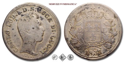Ducato di Lucca, CARLO LUDOVICO DI BORBONE, LIRE 2, 1837, Zecca di Lucca, ARGENTO, mB, (R), (Pagani 261) / monete italiane toscane preunitarie moderne rare d'argento (moneta italiana toscana preunitaria moderna rara da collezione) | Moruzzi Numismatica