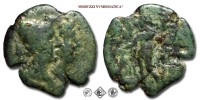 Bruttium, RHEGIUM, TRIAS, 203-89 a.C., Busti accollati dei Dioscuri / ΡHΓINΩN Esculapio stante con un ramoscello, un uccello e lungo scettro, Zecca di Rhegion, BRONZO, MB, (HN Italy 2559) / monete greche antiche da collezione (moneta greca antica della Magna Grecia) | Moruzzi Numismatica