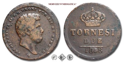 Regno delle due Sicilie, FERDINANDO II DI BORBONE, TORNESI 2, 1858, Zecca di Napoli, RAME, qBB, (R), (Pannuti-Riccio 261) / monete italiane preunitarie napoletane borboniche moderne rare (moneta italiana preunitaria napoletana borbonica moderna rara) | Moruzzi Numismatica