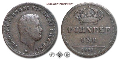 Regno delle due Sicilie, FERDINANDO II DI BORBONE, TORNESE, 1851, Zecca di Napoli, RAME, BB, (Pannuti-Riccio 294) / monete italiane preunitarie napoletane borboniche moderne (moneta italiana preunitaria napoletana borbonica moderna) | Moruzzi Numismatica