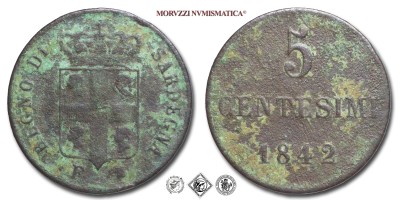 Regno di Sardegna, CARLO ALBERTO, CENTESIMI 5, 1842, Zecca di Torino, RAME, MB, (R), (Pagani 334) / monete italiane preunitarie moderne rare (moneta italiana preunitaria moderna rara - Casa Savoia) | Moruzzi Numismatica