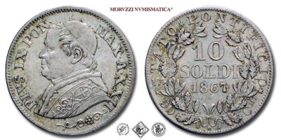 Stato Pontificio, PIO IX, Mastai Ferretti, SOLDI 10, 1867 A XXII, Zecca di Roma, ARGENTO, mSPL, (Pagani 579) / monete papali pontificie d'argento (moneta papale pontificia da collezione) | Moruzzi Numismatica