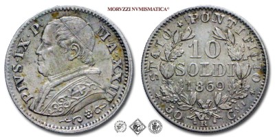 Stato Pontificio, PIO IX, Mastai Ferretti, SOLDI 10, 1869 A XXIII, Zecca di Roma, ARGENTO, SPL, (Pagani 582) / monete papali pontificie d'argento (moneta papale pontificia da collezione) | Moruzzi Numismatica