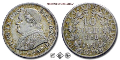 Stato Pontificio, PIO IX, Mastai Ferretti, SOLDI 10, 1868 A XXII, Zecca di Roma, ARGENTO, mSPL, (Pagani 580) / monete papali pontificie d'argento (moneta papale pontificia da collezione) | Moruzzi Numismatica