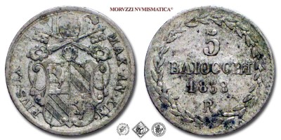 Stato Pontificio, PIO IX, Mastai Ferretti, BAIOCCHI 5, 1858 AN XIII, Zecca di Roma, ARGENTO, BB, (Pagani 464) / monete papali pontificie d'argento (moneta papale pontificia da collezione ) | Moruzzi Numismatica