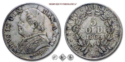 Stato Pontificio, PIO IX, Mastai Ferretti, SOLDI 5, 1866 A XXI, Zecca di Roma, ARGENTO, SPL, (R), (Pagani 585) / monete papali pontificie rare d'argento (moneta papale pontificia rara da collezione) | Moruzzi Numismatica