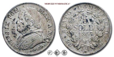 Stato Pontificio, PIO IX, Mastai Ferretti, SOLDI 5, 1867 A XXI, Zecca di Roma, ARGENTO, SPL, (Pagani 587) / monete papali pontificie d'argento (moneta papale pontificia da collezione) | Moruzzi Numismatica