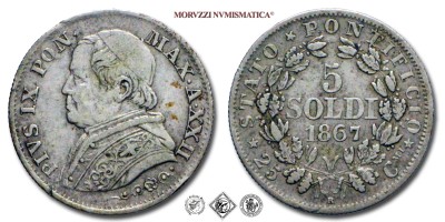 Stato Pontificio, PIO IX, Mastai Ferretti, SOLDI 5, 1867 A XXII, Zecca di Roma, ARGENTO, SPL, (Pagani 588) / monete papali pontificie d'argento (moneta papale pontificia da collezione) | Moruzzi Numismatica