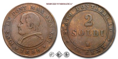 Stato Pontificio, PIO IX, Mastai Ferretti, SOLDI 2, 1866 ANN XXI, Zecca di Roma, RAME, BB, (Pagani 598) / monete papali pontificie (moneta papale pontificia da collezione - 10 CENTESIMI) | Moruzzi Numismatica