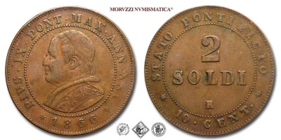 Stato Pontificio, PIO IX, Mastai Ferretti, SOLDI 2, 1866 ANN XXI, Zecca di Roma, RAME, mBB, (Pagani 598) / monete papali pontificie (moneta papale pontificia da collezione - 10 CENTESIMI) | Moruzzi Numismatica