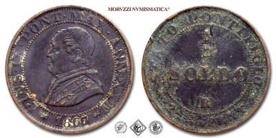 Stato Pontificio, PIO IX, Mastai Ferretti, SOLDO 1/2, 1867 ANN XXII, Zecca di Roma, RAME, BB, (Pagani 606) / monete papali pontificie da collezione | Moruzzi Numismatica