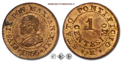 Stato Pontificio, PIO IX, Mastai Ferretti, CENTESIMO, 1866 AN XXI, Zecca di Roma, RAME, FDC, (R), (Pagani 608) / monete papali pontificie rare (moneta papale pontificia rara da collezione) | Moruzzi Numismatica