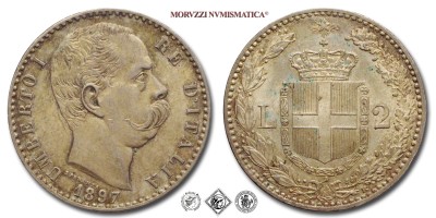 Regno d'Italia, UMBERTO I, LIRE 2, 1897, Zecca di Roma, ARGENTO, qFDC, (Pagani 598) / monete italiane moderne d'argento (moneta italiana moderna da collezione - Casa Savoia) | Moruzzi Numismatica