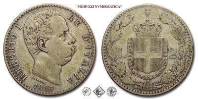 Regno d'Italia, UMBERTO I, LIRE 2, 1886, Zecca di Roma, ARGENTO, BB, (NC), (Pagani 596) / monete italiane moderne d'argento (moneta italiana moderna da collezione - Casa Savoia) | Moruzzi Numismatica