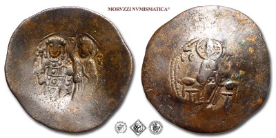 MANUELE I, BILLONE, 1143-1180 d.C., IC-XC Cristo nimbato frontale in trono / MANOVHΛ ΔECΠOT L'imperatore stante loricato, tiene globo crucigero e labaro è incoronato dalla Vergine, Zecca di Costantinopoli, BB, (Sear 1966) / monete bizantine antiche (moneta bizantina antica - Impero Bizantino) | Moruzzi Numismatica