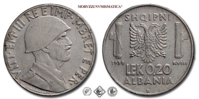 Regno d'Italia, Albania, VITTORIO EMANUELE III, LEK 0,20, Calamitabile, 1939 A XVIII, Zecca di Roma, ACMONITAL, mBB, (Pagani 1002) / monete italiane albanesi coloniali moderne (moneta italiana albanese coloniale moderna da collezione - Casa Savoia) | Moruzzi Numismatica
