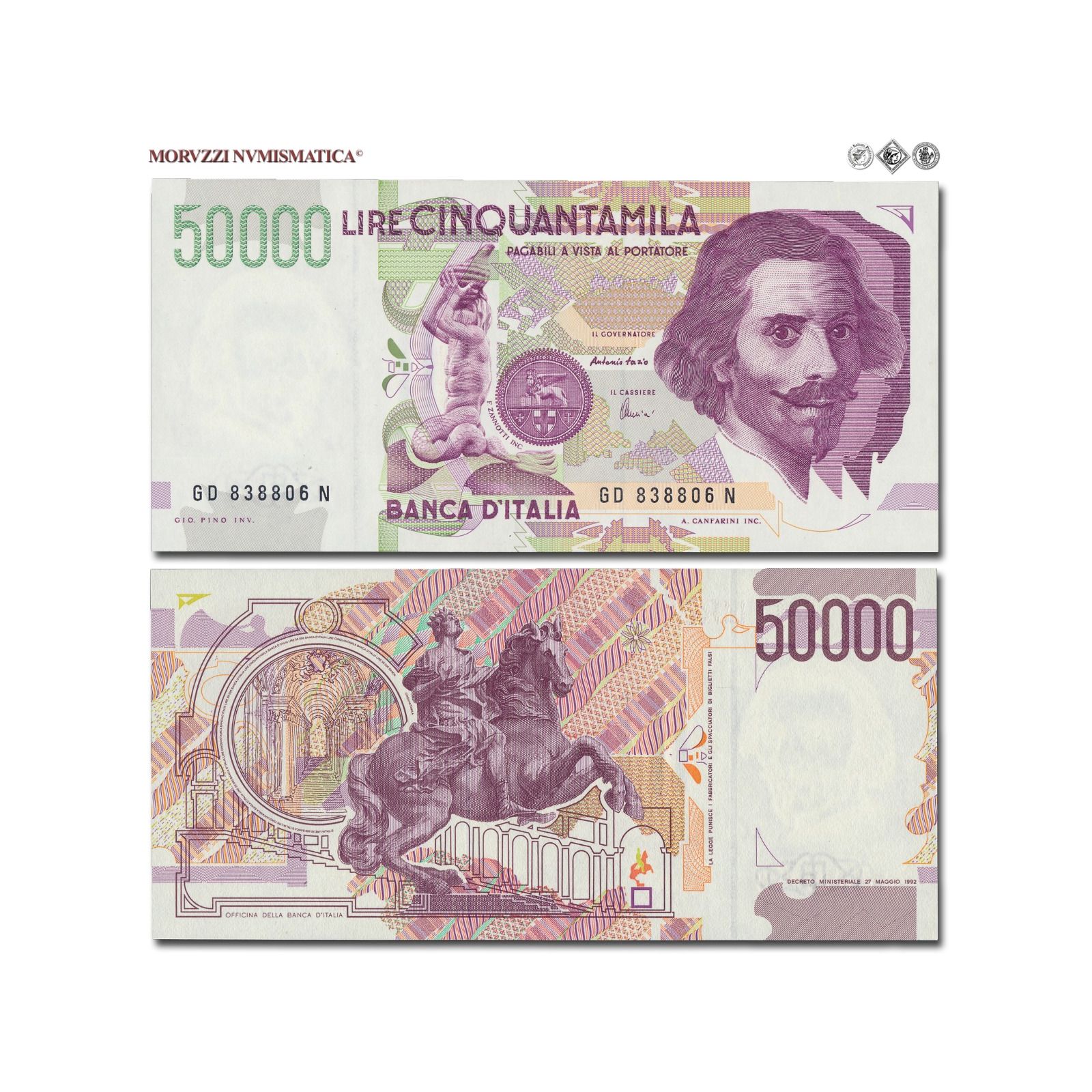 50000 lire - BANCONOTA DA 50.000 LIRE ITALIA BERNINI 1° TIPO SERIE